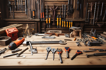木匠工作台上摆满了工具图片