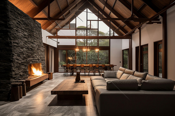 大石壁炉的现代客厅图片
