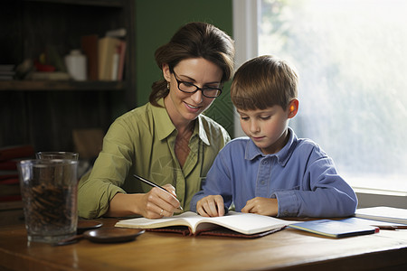 一位妇女引导孩子在书桌前写作任务图片