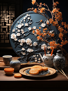 中式餐盘里的月饼图片