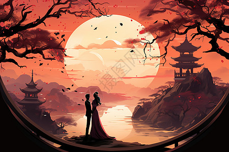 中国山水间的恩爱情侣背景图片