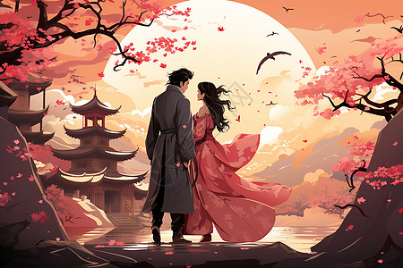 鹊桥上的中国情侣背景图片