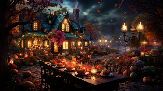 感恩节夜里的房子背景图片