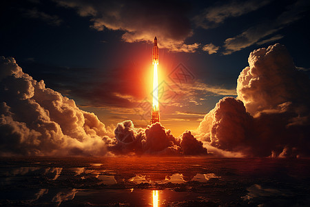 夕阳下火箭发射图片