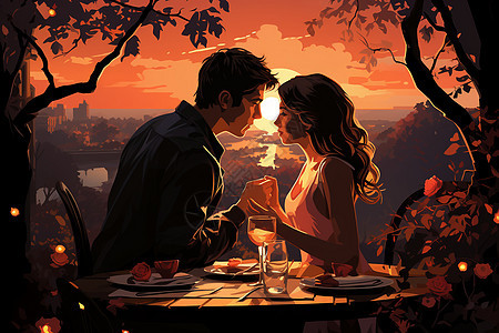 男人与女人在夕阳下的烛光晚餐图片