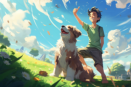 草坪上快乐玩耍的男孩和狗图片