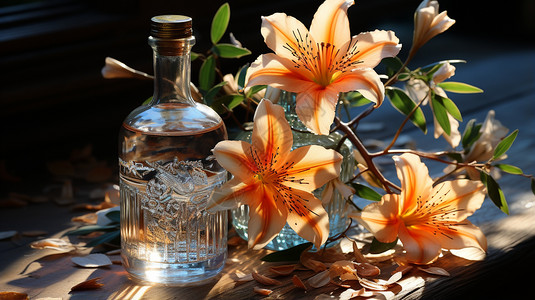 百合花旁的玻璃酒瓶图片