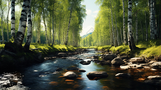 阳光下蜿蜒的河流白桦林里的河流背景