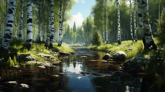 白桦林草甸河流图片