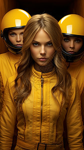 三个穿着黄色皮夹克的女生图片