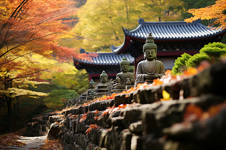 秋叶覆盖的寺庙背景
