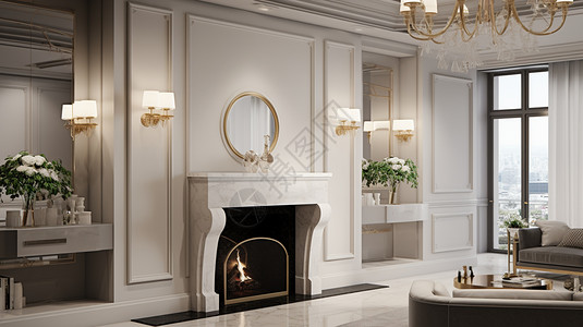 美式家具客厅壁炉上面的镜子背景
