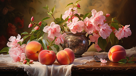 桌上的桃子和李花图片