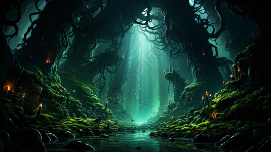 青苔森林阴暗的深林插画