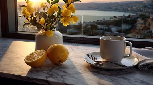 大理石桌面上的柠檬和咖啡杯图片