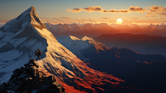 夕阳下的登山者图片