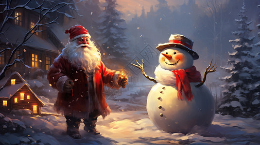 跟雪人玩耍的圣诞老人图片