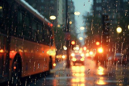 雨中车流不息的城市街道图片