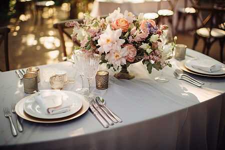 鲜花装饰的晚宴餐桌图片