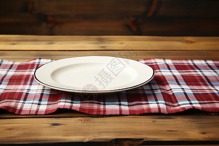 格子桌面红色格子餐布上的餐盘背景