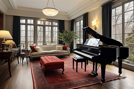 别墅休息室内的钢琴装饰图片