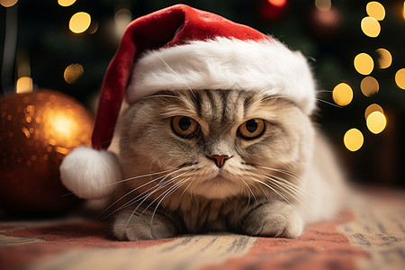 圣诞帽装饰的宠物猫咪背景图片