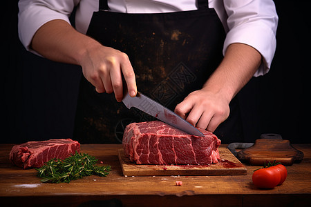 厨房中切割牛肉的厨师图片