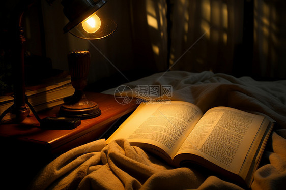 床铺上翻开的书籍图片