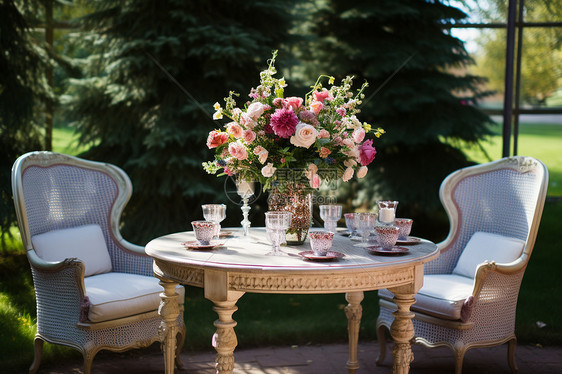 户外欧式桌椅上的鲜花图片