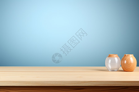 桌面蓝色蓝色墙壁前的木质桌面背景