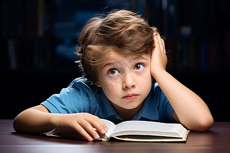 书桌前阅读的可爱小男孩背景