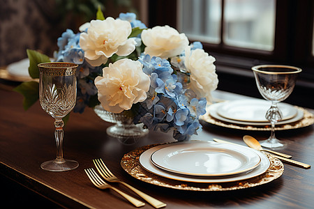 鲜花装饰的西餐餐桌图片