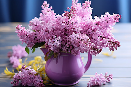 夏季桌面上的紫丁香花瓶图片