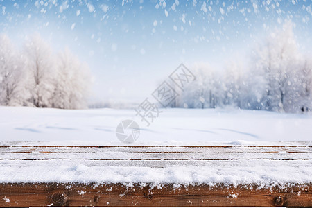 雪中嫩芽冬季落满积雪的木桌设计图片