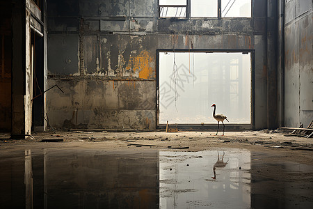 破旧的建筑旁有一只鹤站着图片