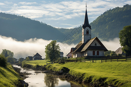 迷雾笼罩下的山谷中有座教堂和一条流淌的小溪图片