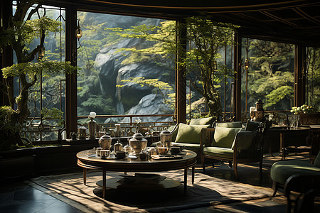 竹林下的茶屋美景图片