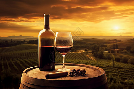 夕阳余晖下的葡萄红酒高清图片