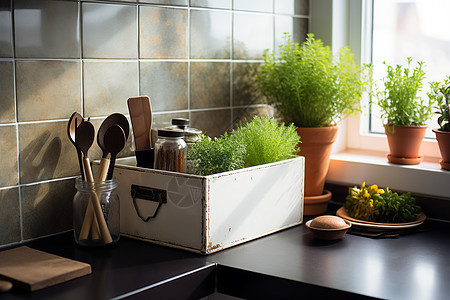桌面上的厨具和植物图片
