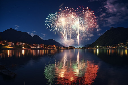 夜晚湖边燃放的美丽烟花背景