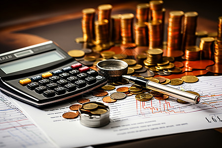 理财金融海报桌子上的计算器和硬币背景