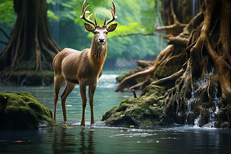 溪流中的可爱小鹿图片