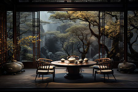 竹林山水美丽的山水茶馆背景