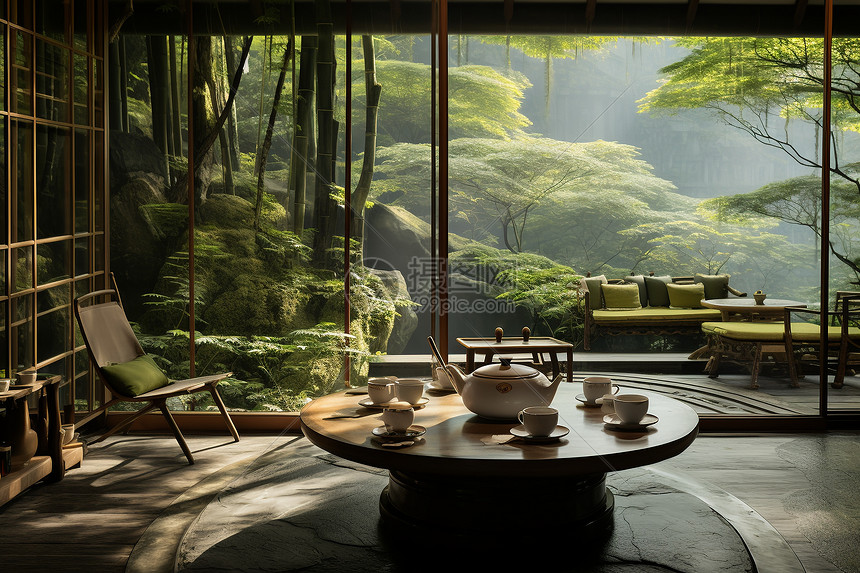 清晨的中式茶馆图片