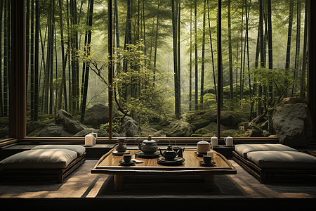 竹林里的中式茶馆图片