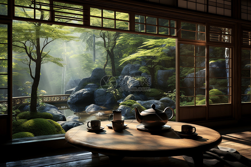 山下的中式茶馆图片