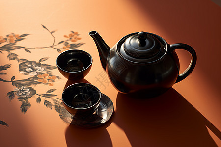 黑色的陶瓷茶具背景图片