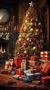 圣诞树旁的节日礼物背景图片
