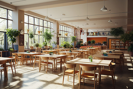 木制桌椅的学校食堂图片