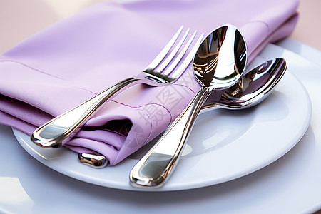 餐盘中的银质餐具背景图片